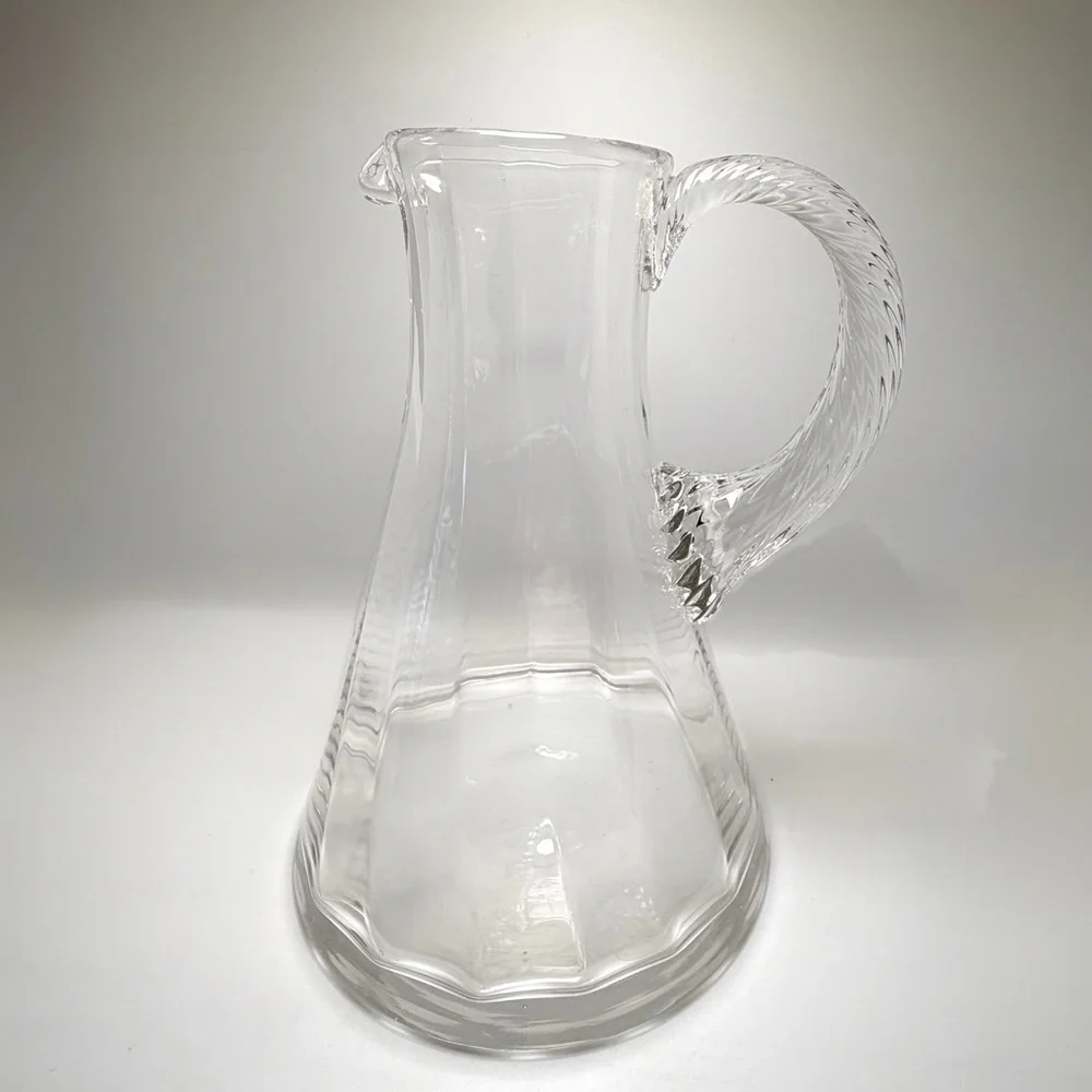 Hand Blown Clear Glass Pitcher 9” Tall Elegant Twisted Handle Art Glass - Picture 2 of 11